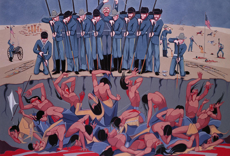 Painting of the the massacre at Wounded Knee depicting U.S. soldiers firing on Native Americans in a mass grave.