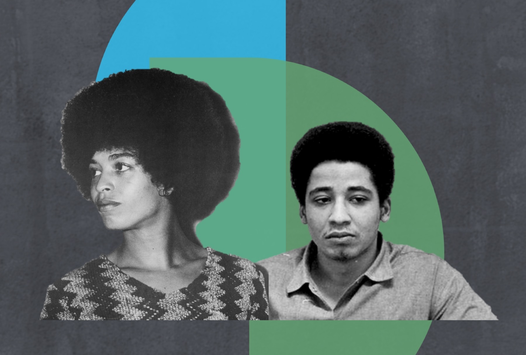 Cut out images of Angela Davis and George Jackson against a gray, blue, and green abstract background.