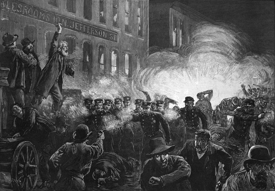 Black and white illustration from Harper's Magazine depicting an explosion during the Haymarket Riot.