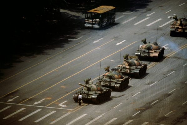 CHINA. Beijing. Tien An Men Square. 'The Tank Man' stopping the column of T59 tanks. 4th June 1989.