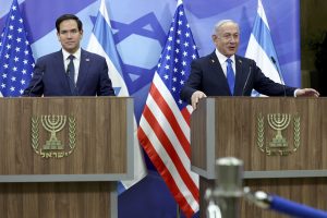 U.S. Secretary of State Marco Rubio, left, and Israeli Prime Minister Benjamin Netanyahu attend a news conference at the Prime Minister's office in Jerusalem, Israel, Sunday, Feb. 16, 2025. (Evelyn Hockstein/Pool Photo via AP)