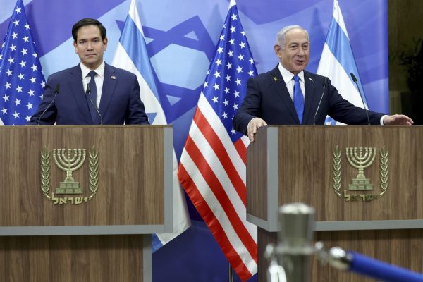 U.S. Secretary of State Marco Rubio, left, and Israeli Prime Minister Benjamin Netanyahu attend a news conference at the Prime Minister's office in Jerusalem, Israel, Sunday, Feb. 16, 2025. (Evelyn Hockstein/Pool Photo via AP)