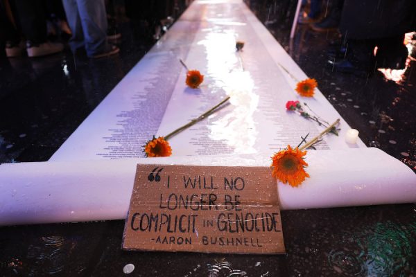 NEW YORK, NEW YORK - FEBRUARY 27: A sign with words one of the last words said by U.S. Airman Aaron Bushnell is seen during a vigil at the US Army Recruiting Office in Times on February 27, 2024 in New York City. Bushnell died after setting himself on fire outside the Israeli Embassy in Washington, DC on Sunday. In a video that was posted to a social media account showing the act, he stated that would “no longer be complicit in genocide," before pouring an unknown liquid over himself and igniting it while yelling “Free Palestine” repeatedly. (Photo by Michael M. Santiago/Getty Images)
