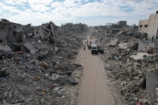 RAFAH, GAZA - JANUARY 20: An aerial view of Palestinians continuing to return to their homes following the ceasefire agreement between Hamas and Israel as they face massive destruction in Rafah, Gaza on January 20, 2025. (Photo by Ashraf Amra/Anadolu via Getty Images)
