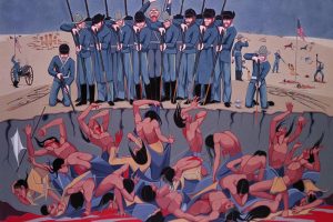 Painting of the the massacre at Wounded Knee depicting U.S. soldiers firing on Native Americans in a mass grave.