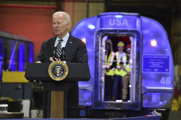 President of the United States Joe Biden delivers remarks on infrastructure in Bear, Delaware, United States on November 6, 2023. US President Joe Biden highlighted how Bidenomics and his Investing in America agenda are fixing long-standing infrastructure needs including the largest investment in passenger rail since Amtrak's creation. (Photo by Kyle Mazza/NurPhoto via AP)