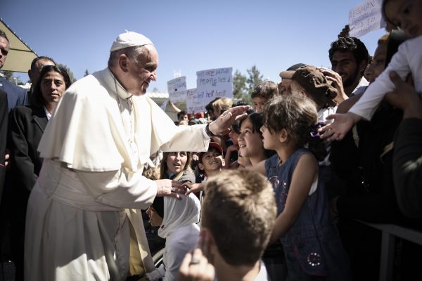Pope Francis with migrants in Moria detention cntre on Lesbos Island Greece on 16 April Mythelene Greece. HO Prime MInisters Office