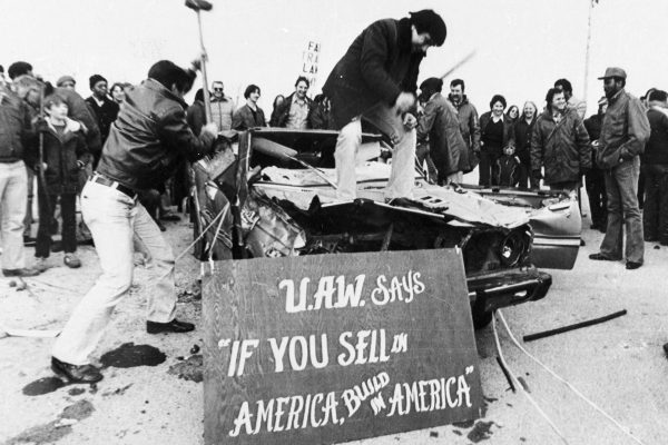 In this photo members of the United Autoworkers Local 588 of the Ford Motor Co. stamping plant wield sledgehammers and bars on a 1975 Toyota Corolla March 3, 1981, during a rally against buying foreign-made products in Chicago Heights, IL.  Japanese auto and government officials in 2005 are worried about a replay of the "Japan-bashing" trade friction of the 1980s, when Toyota and others were blamed for stealing car sales and U.S. jobs, prompting outraged auto workers to smash Japanese cars in protest.  (AP Photo/Str)