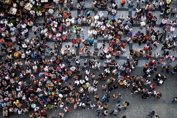 Aerial photograph of tourists visiting the Old Town Square in Prague