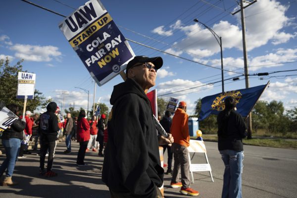 Ford workers who are members of United Auto Workers rally outside the Ford Sequencing Center at 12429 S. Burley Ave., on the South Side, Saturday, Oct. 7, 2023, in Chicago. Ford Chicago Assembly Plant workers joined other UAW workers in other states, who have been on strike since September, last week. (Pat Nabong/Chicago Sun-Times via AP)